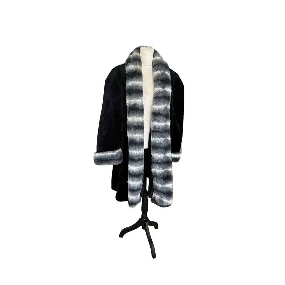 Scandinavian Faux Fur Coat Oversized Grey Striped Fox Mob wife Trim Sz 1X 90s Black - Image 9