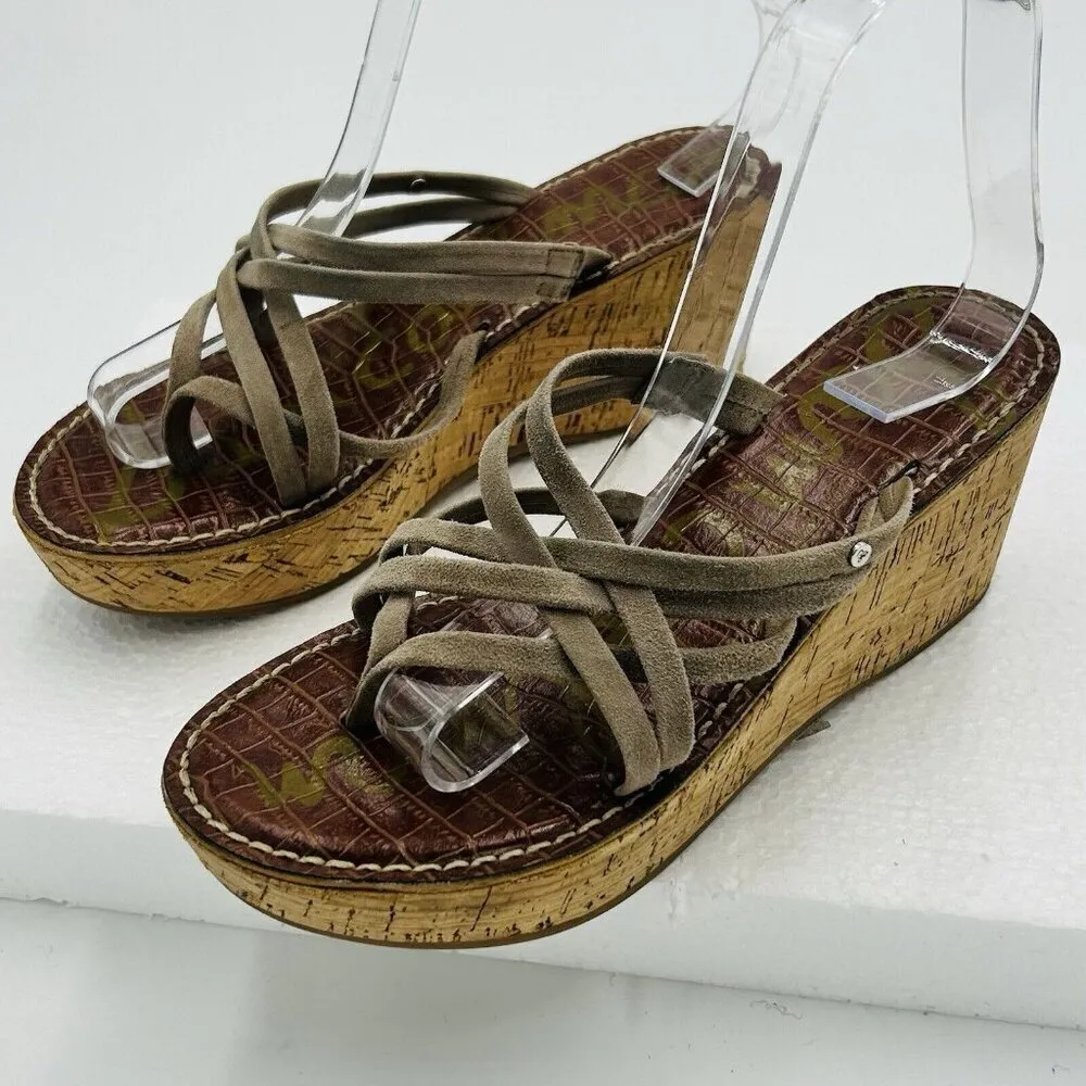 Sam Edelman Sz 8 Reana Taupe Suede Strappy Boho Neutral Earthy 3" Wedge Sandals - Image 5