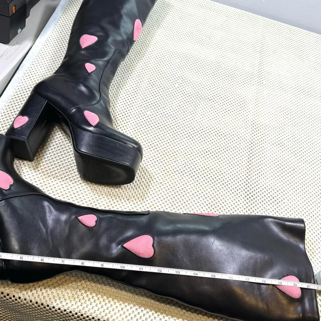 Lamoda Candyfloss Love Platform Knee High Black Boots Pink Faux Suede Hearts Size 6 - Image 11