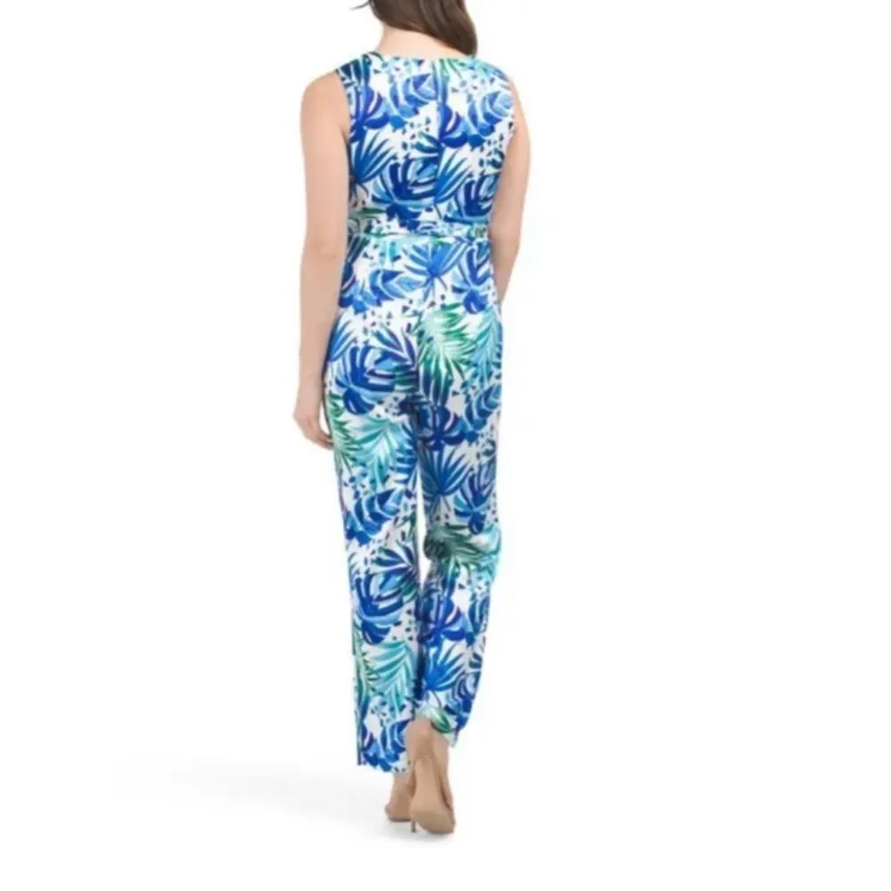 Nicole Miller Blue & White 16 Tropical Print Sleeveless Jumpsuit With Sash Tie - Image 14
