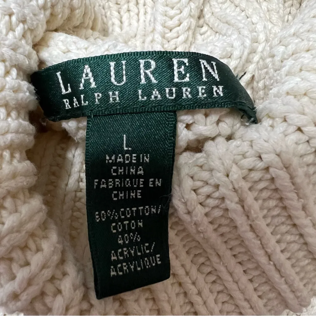 VTG Ralph Lauren LRL Chunky Cable Knit Turtleneck Sweater Ivory Sz L Fisherman - Image 7