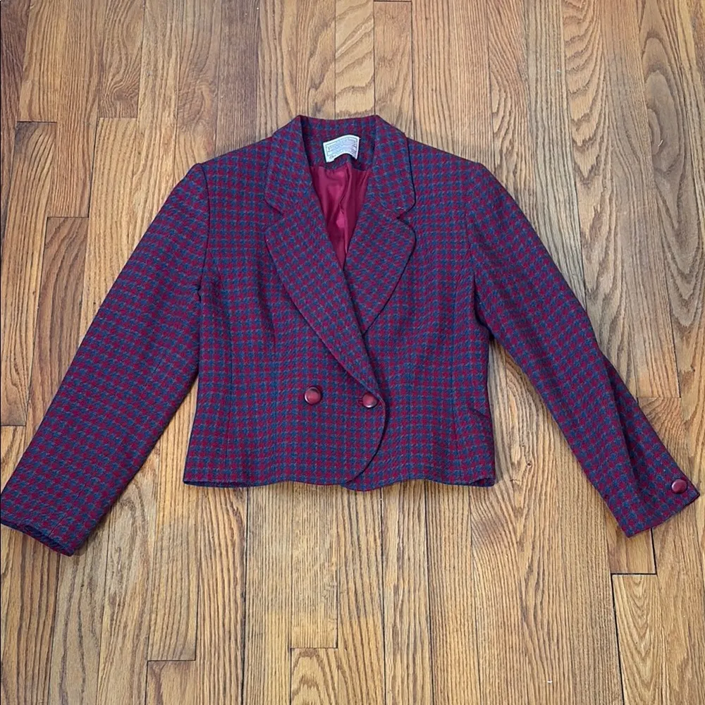 Vintage Pendleton Houndstooth Wool Crop Blazer‎ Jacket Blue  Red Sz 8 Petite - Image 2