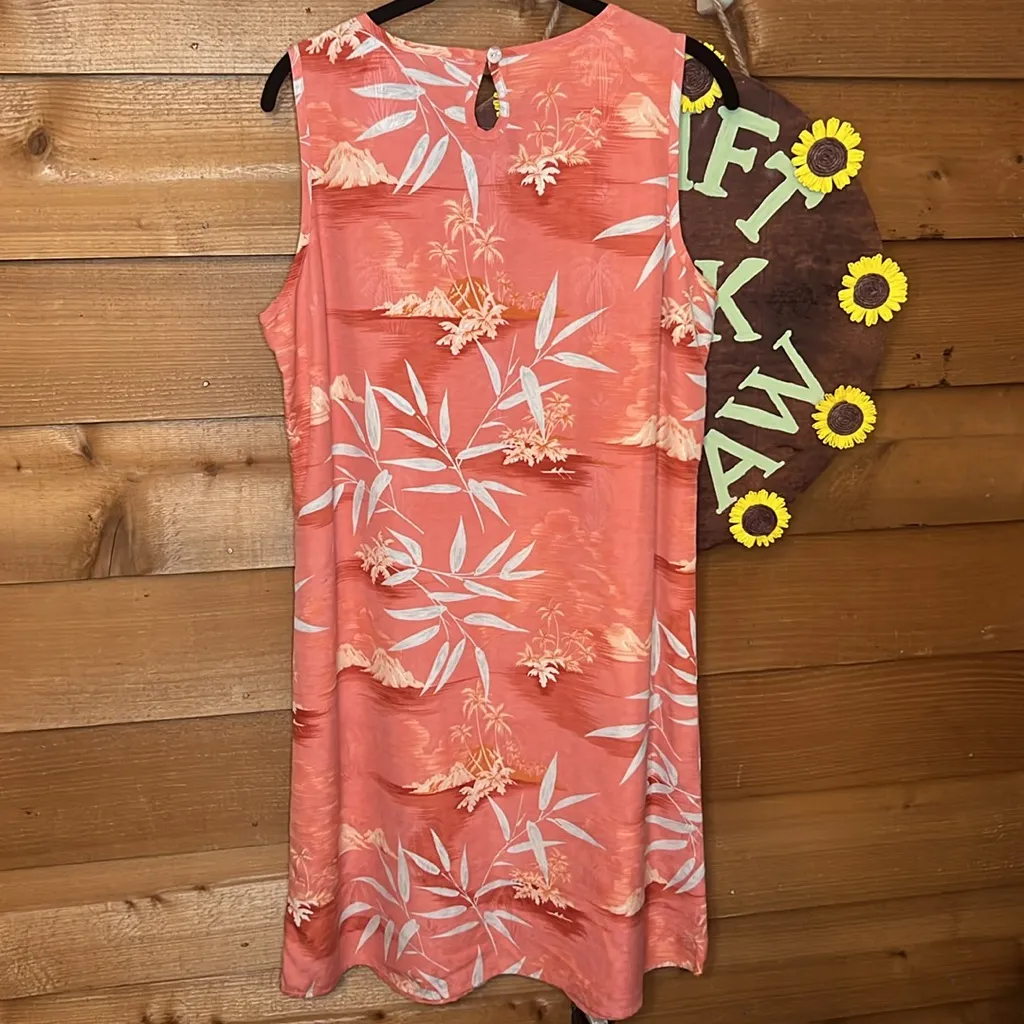 Tommy Bahama Silk Coral Pink White Midi Sleeveless Beach Volcano Palm Tree dress - Image 2