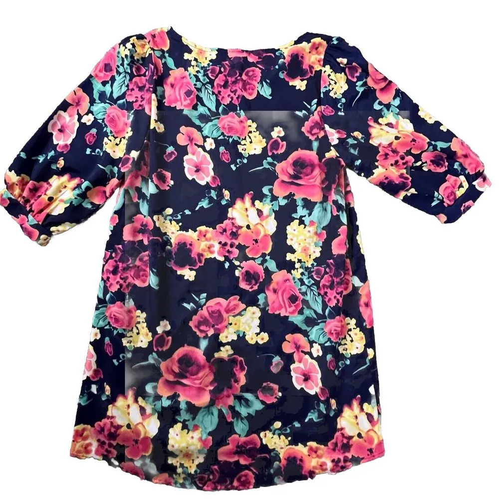 Everly‎ Womens Shift Dress Navy Floral Lined 3/4 Sleeve Linen Blend Dress Medium - Image 4