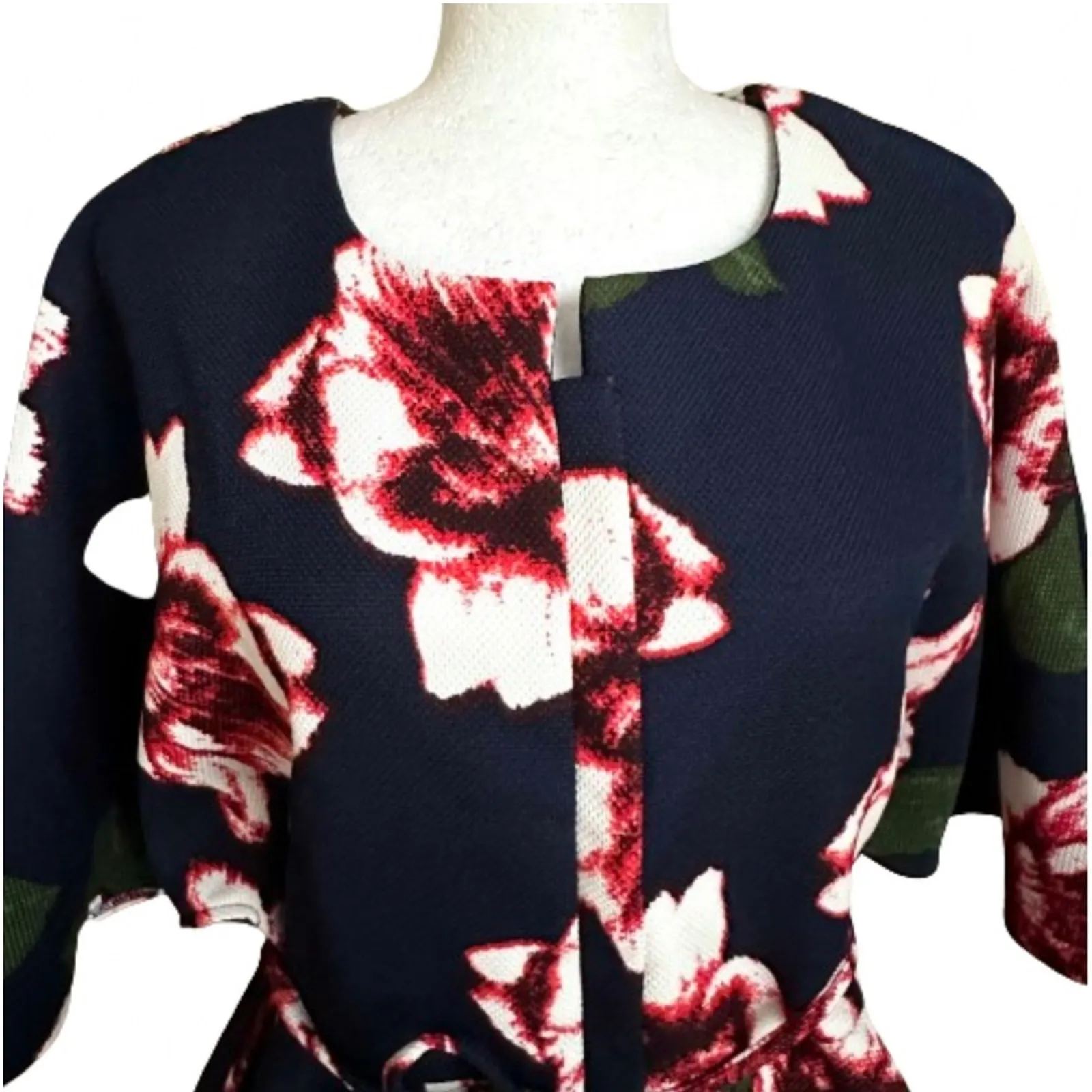 Marina Kaneva Blouse Top Navy Blue Pink Red Floral Tie Waist Peplum Top Size 14 - Image 3