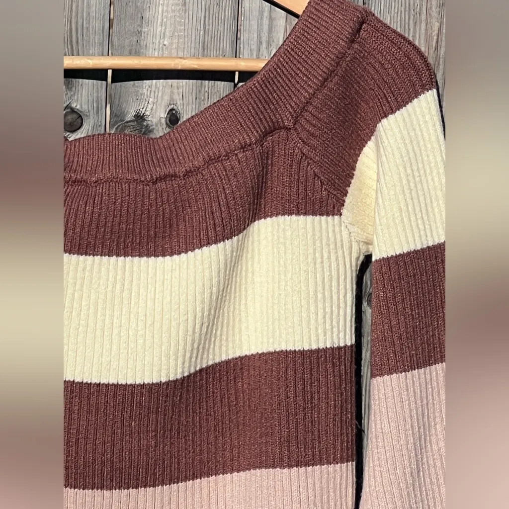 Lulus Morro Brown Multi Striped Ribbed Off-the-Shoulder Sweater - Image 4