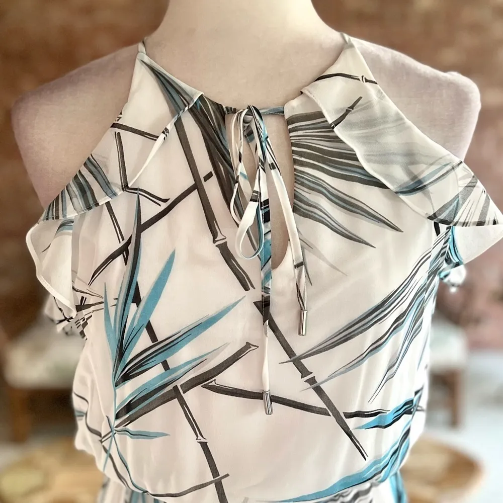 WHBM Dress Maxi White Bamboo Print Hi Low Blouson 4P Cocktail Party Chic Trendy - Image 5