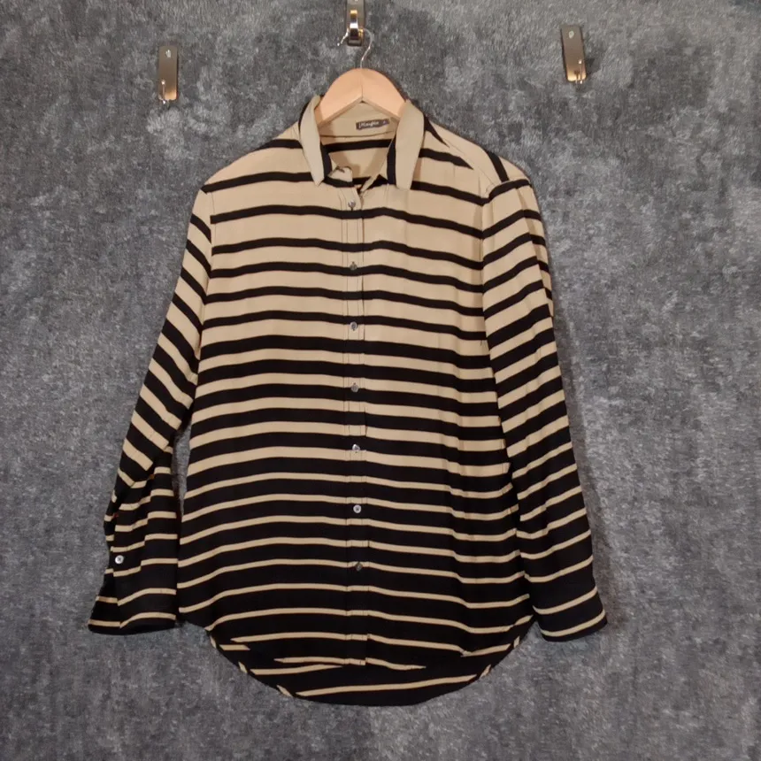 J. McLaughlin Silk Tan Black Striped Button Blouse Womens Large - Image 2