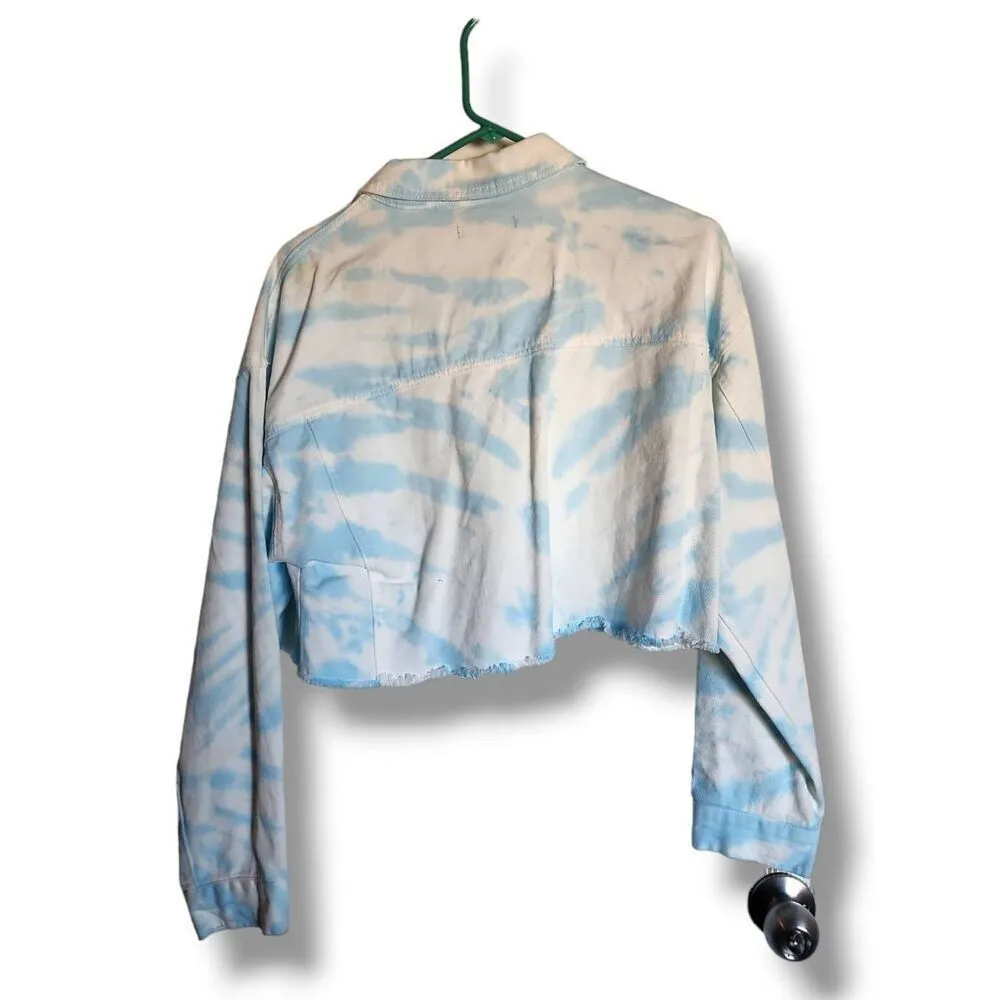 Forever 21 Womens Blue Jean All-Over Tie Dye Cloud Button Denim Jacket sz L Boho - Image 4