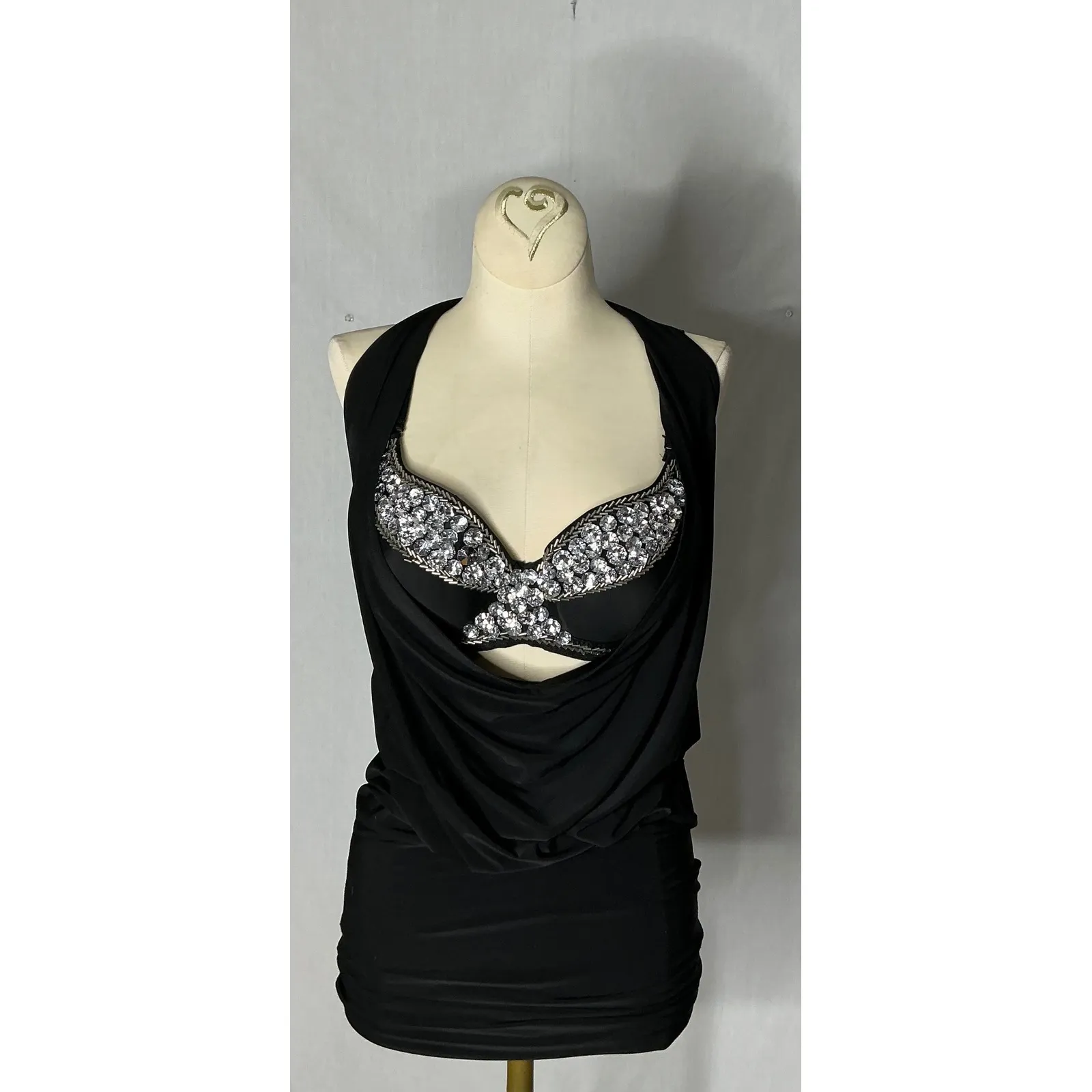Love Culture Black Rhinestone Embellished Drape Halter Top‎ Size M USA Made - Image 3