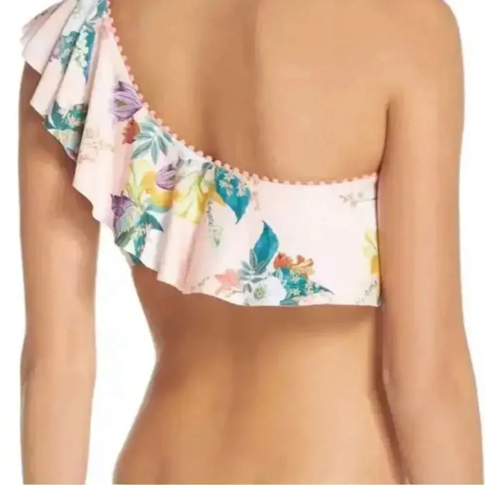Isabella Rose Blossoms Asymmetrical Ruffle One Shoulder Floral Bikini Top M Pink - Image 4