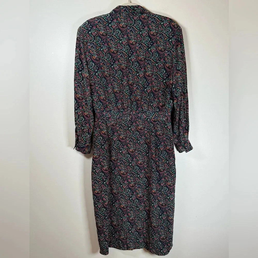 Vintage Talbots Shirt Dress 100% Silk Navy Green Floral Pattern Women’s Size 14 - Image 6