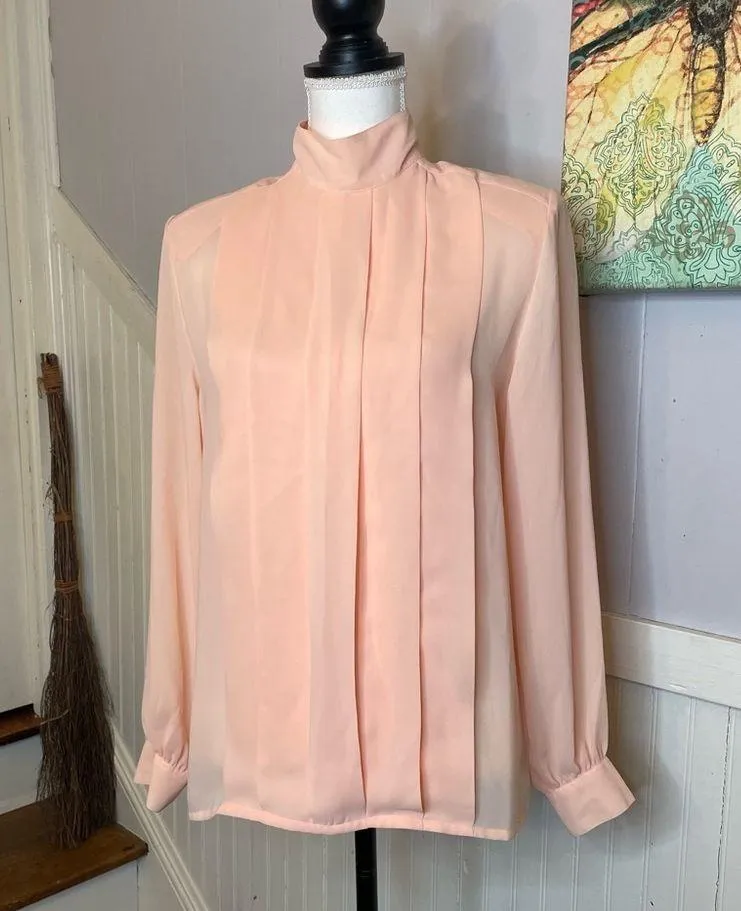 Vintage blouse Pleated peach Puff Ballon Sleeve Pink Size 10 - Image 2