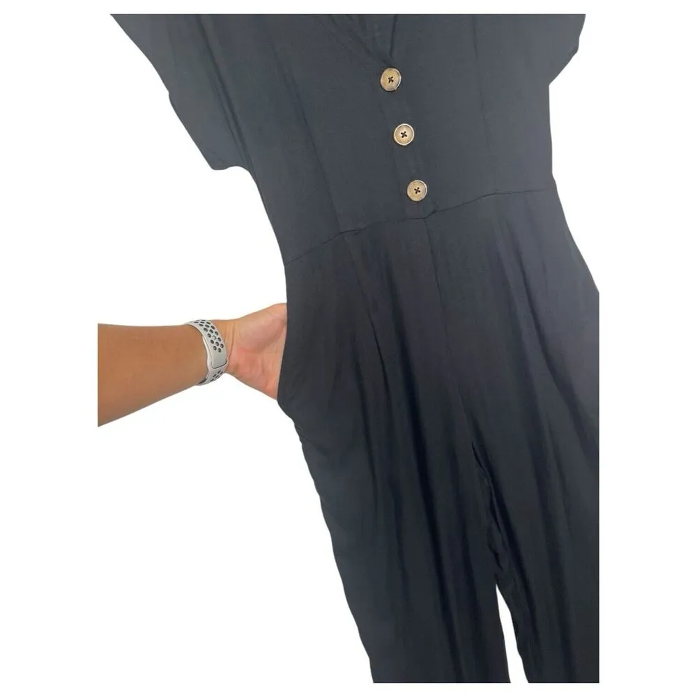Abercrombie Fitch Jumpsuit Womens XS Lightweight V Neck Short Sleeve Pockets Blk - Image 5