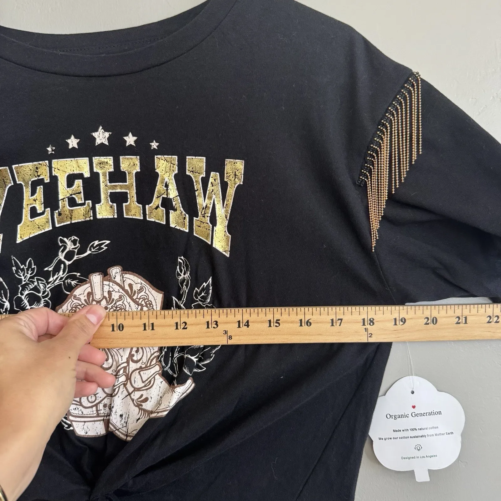 Organic Generation YeeHaw Cowgirl Woman’s Tee Sz M Black Gold Tassels Boots Top Size M - Image 6