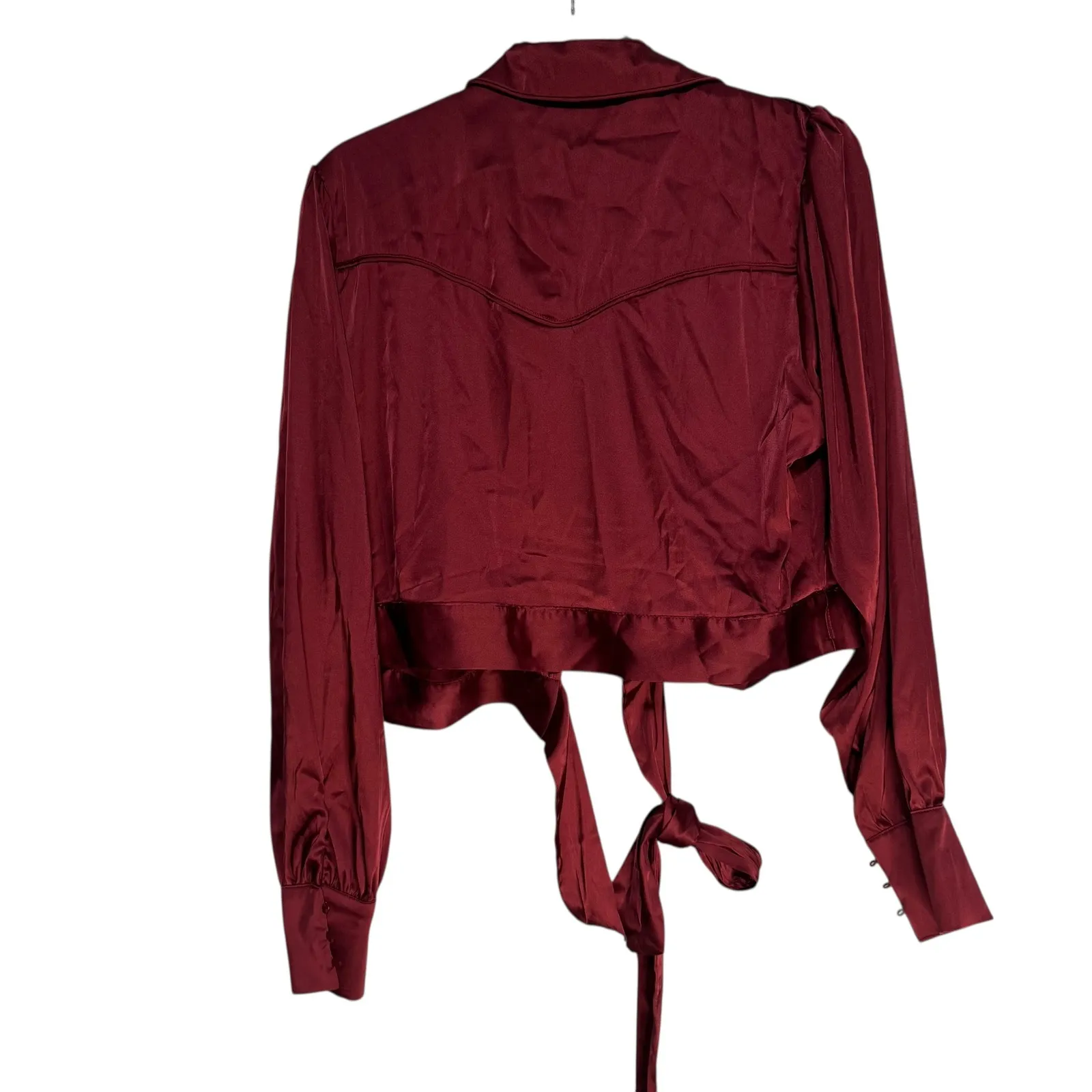 Unique Vintage Burgundy Satin Western Style Tie Front Blouse Shirt XL - Image 9