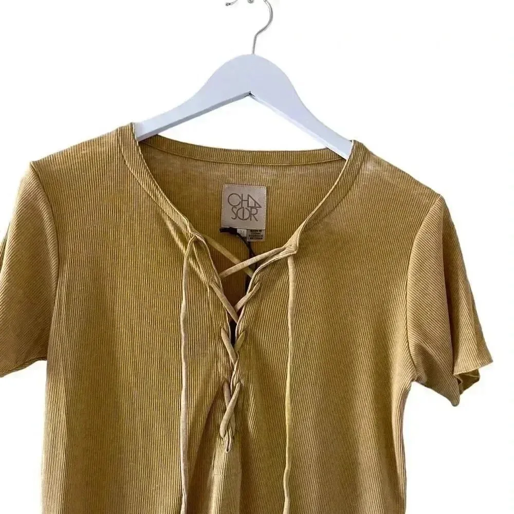 Chaser Marigold LACE UP HI LO RIB TEE Bohemian Women’s Short Sleeves Top SZ M - Image 3