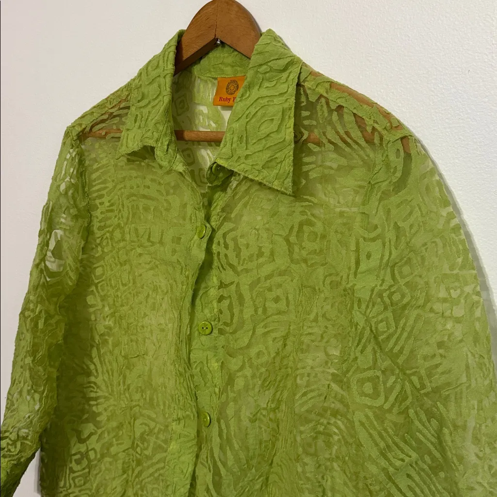 Ruby Rd. Textured Lime Green Blouse 3/4 sleeve sheer button down - Image 2