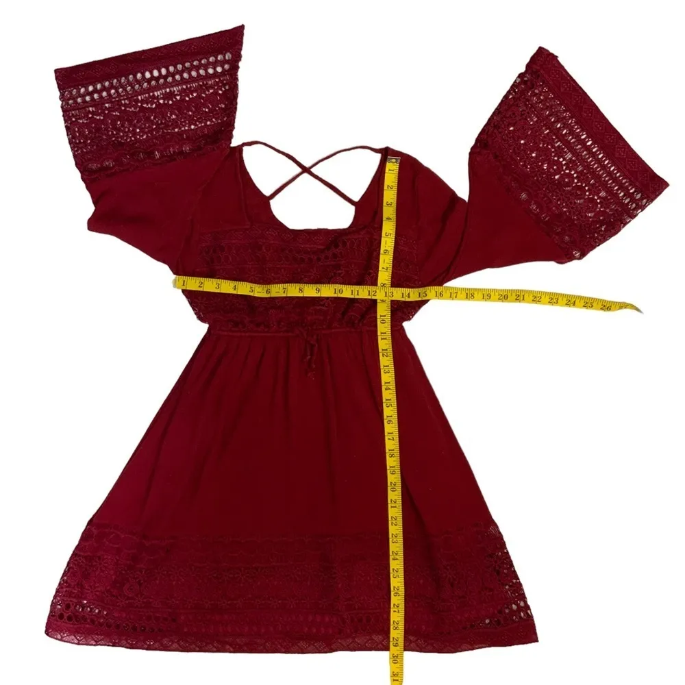 In The Beginning Dress Boho Peasant roll Sleeve Gauze Crochet Lace Burgundy LG - Image 6