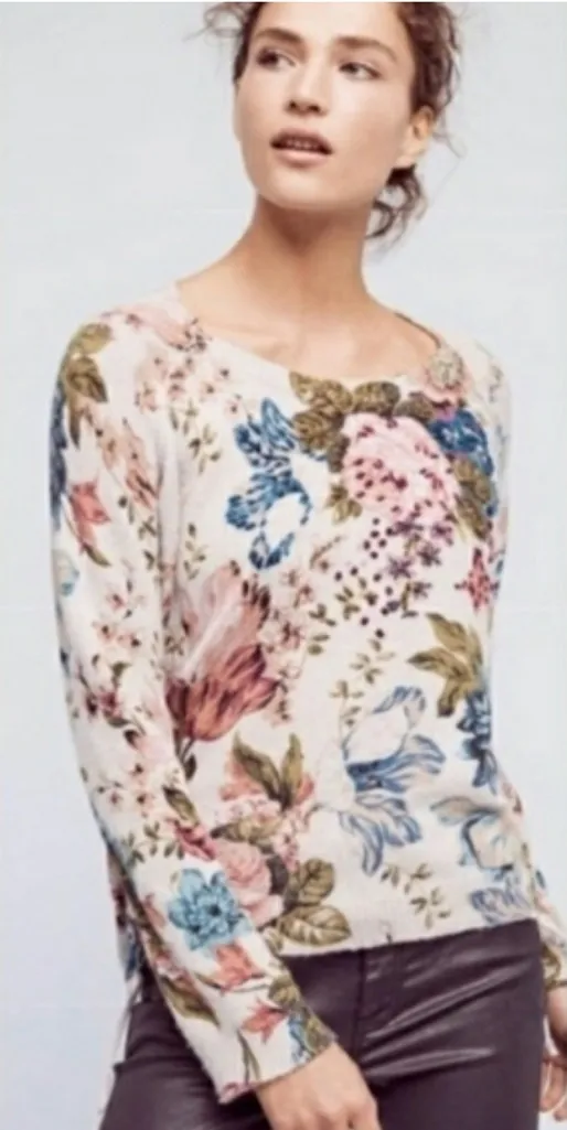 Angel of the North Anthropologie Wool Blend Floral Embroidered Sweater Medium Pink - Image 1