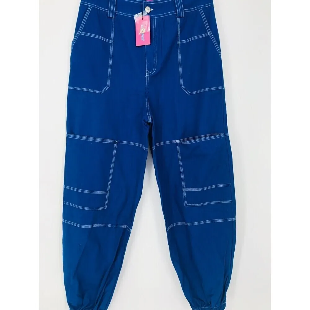 EDIKTED Royal Blue 100% Cotton Cargo Baggy Lightweight Pants Juniors L - Image 2