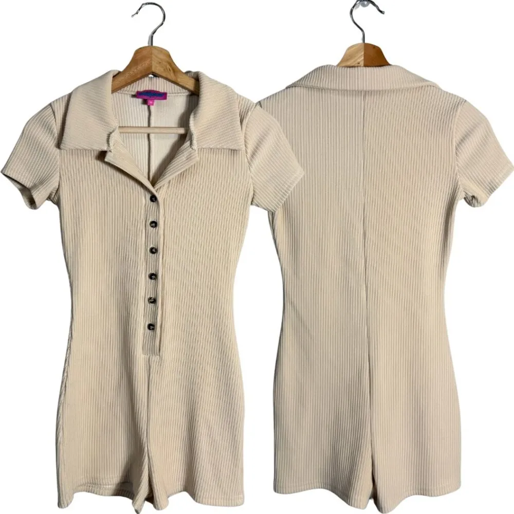 Edikted  Lucia Ribbed Romper Women's XS Tan Button Up Collared Micro Mini Bodycon - Image 3