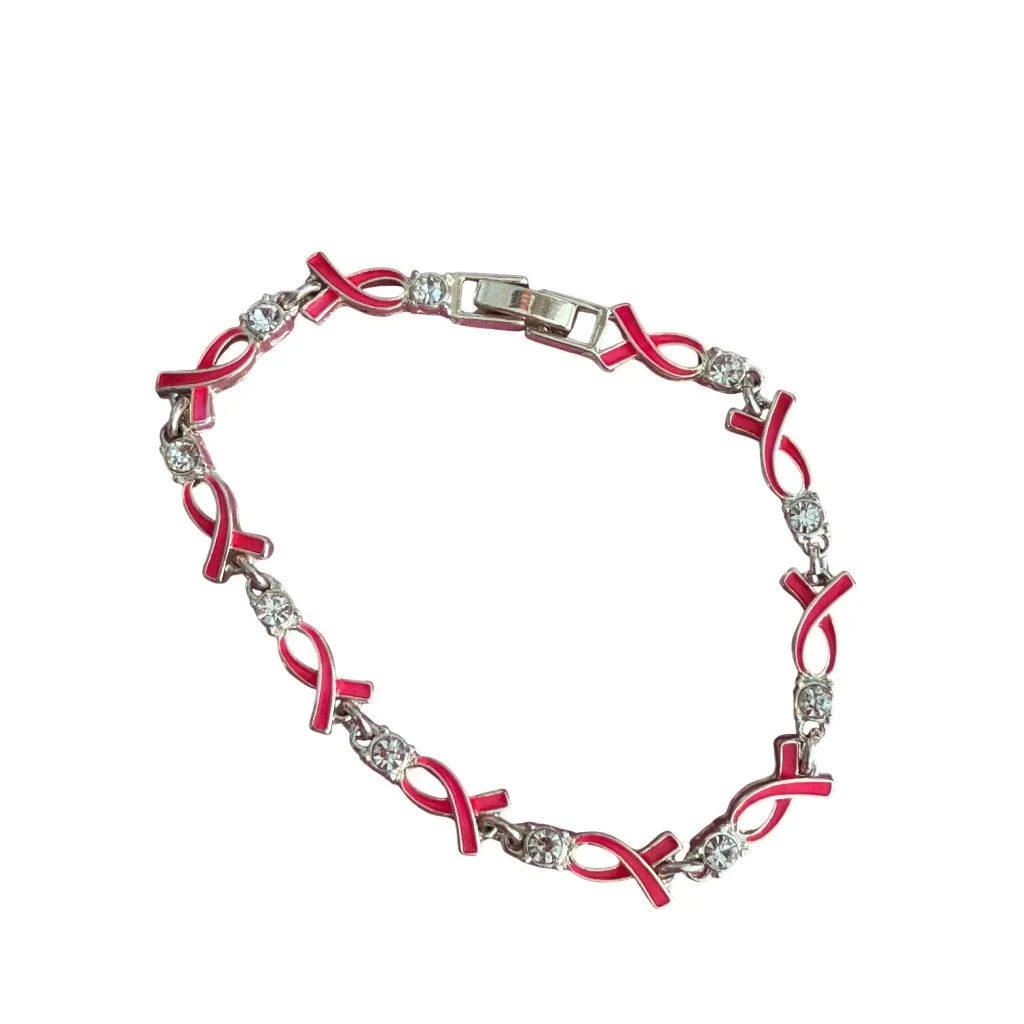 Vintage Avon NRQ Breast Cancer Pink Ribbon Link Bracelet Rhinestones 7" Estate - Image 3