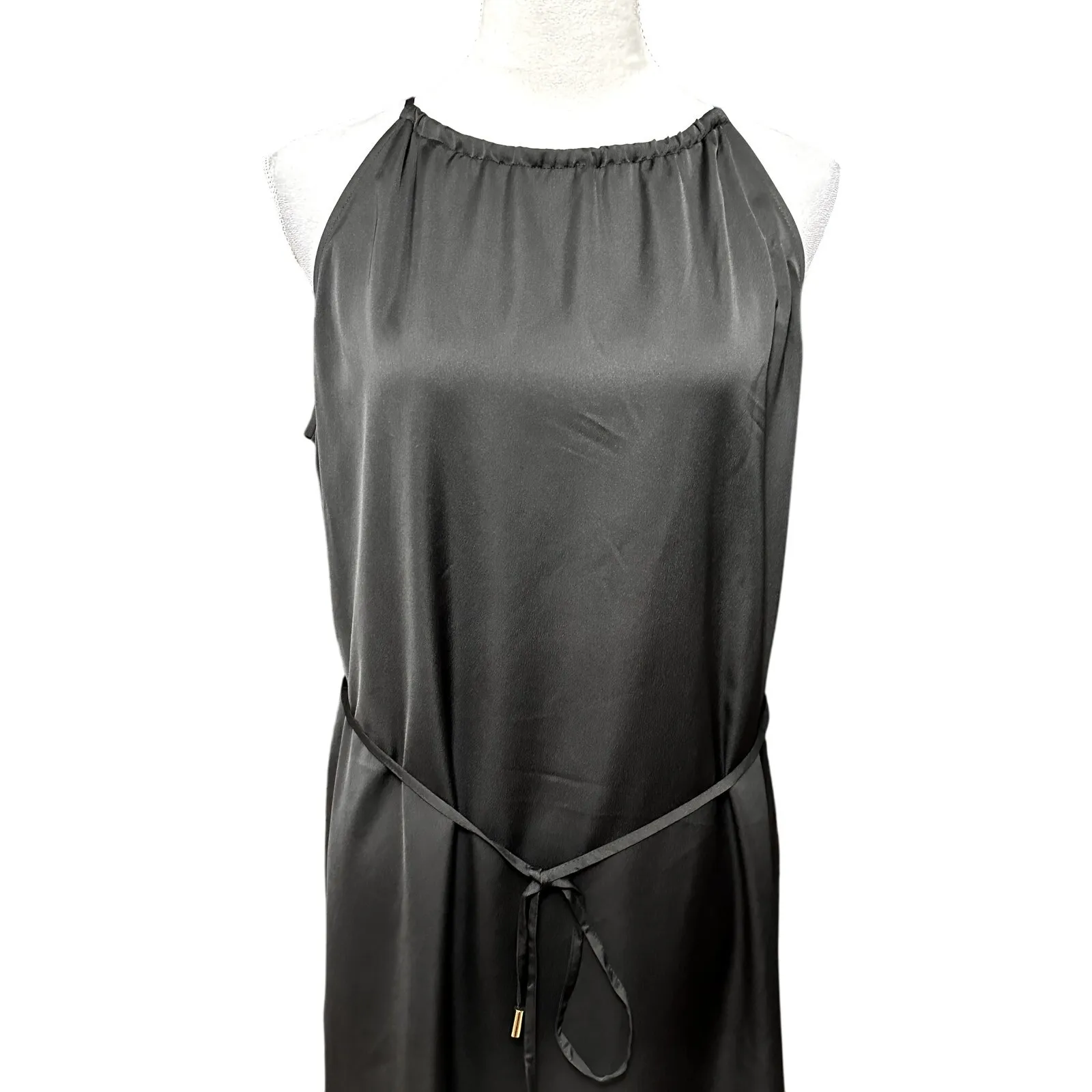 INC Midi Slip Dress Satin Crepe Halter Neck Waist Tie Side Slits Black W 14 NWT - Image 3
