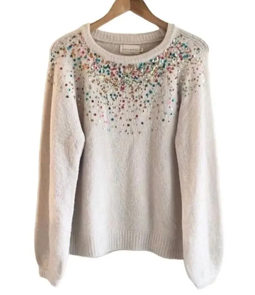 NEW Dreamers Women's Size Large Sequin Front Ivory Sweater - Image 4