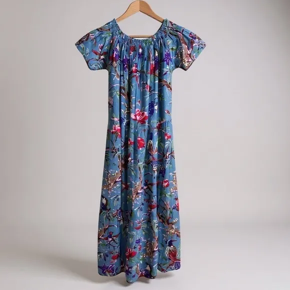 Guadalupe Design Momposina‎ Maxi Dress Small Blue Floral Parrot Off Shoulder - Image 6