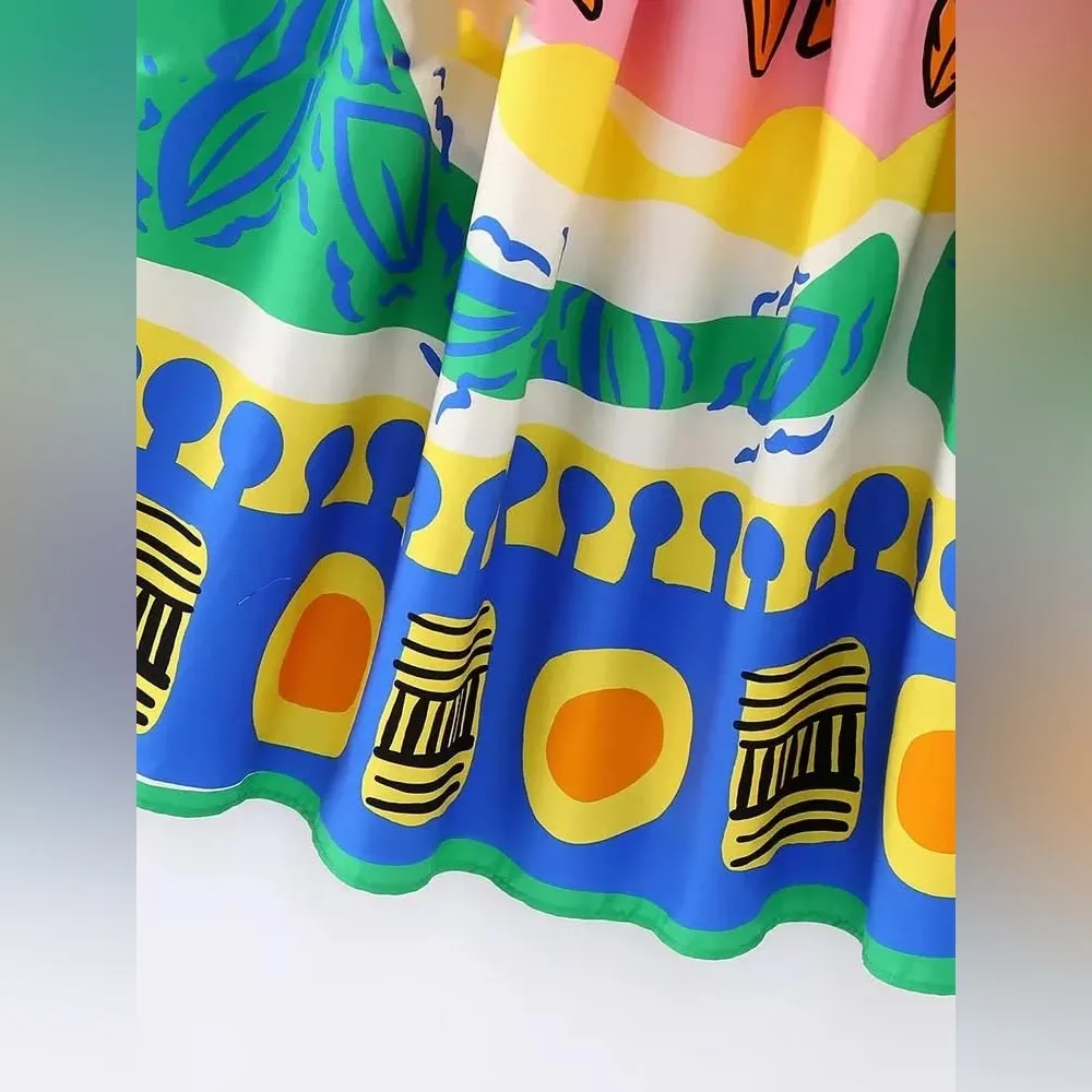 Totem Floral Print Swing Casual Skirt Female Chic Zipper size L 32” waist Blue Size L - Image 2