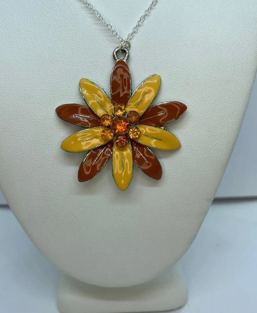 Orange Rhinestone Flowers Silver-Tone Necklace - Image 2