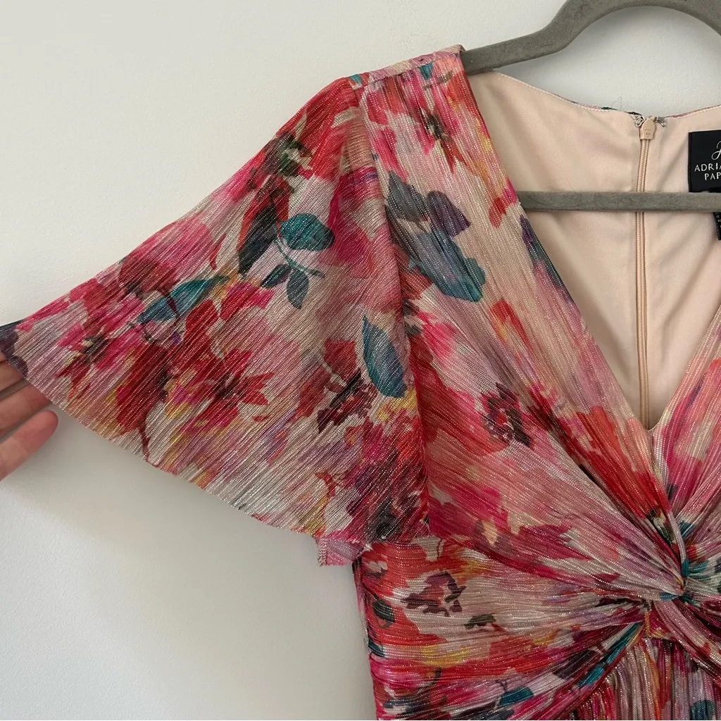 Adrianna Papell Floral Metallic Pleated Twist Front Hi Low Flutter Sleeve Gown 4 - Image 3