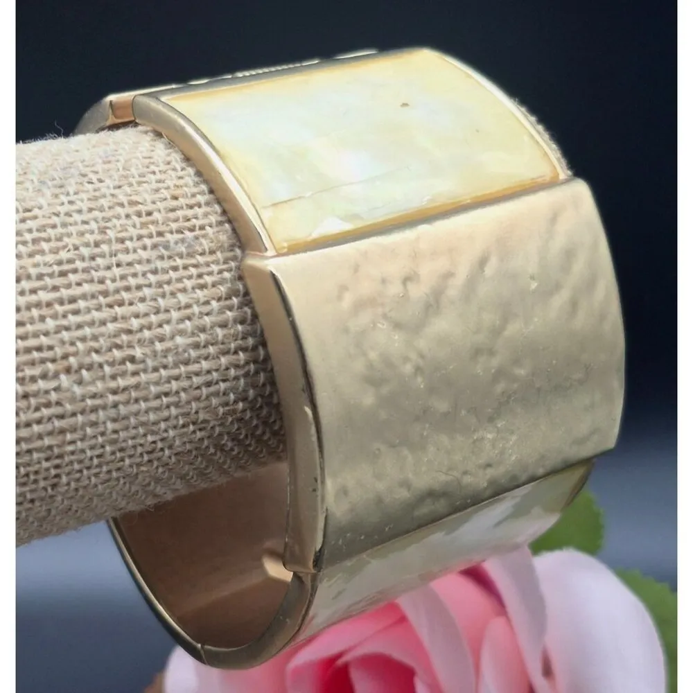 Chico's Wide Statement Hinged Bangle Bracelet Hammered Gold Tone & Cream - Image 3