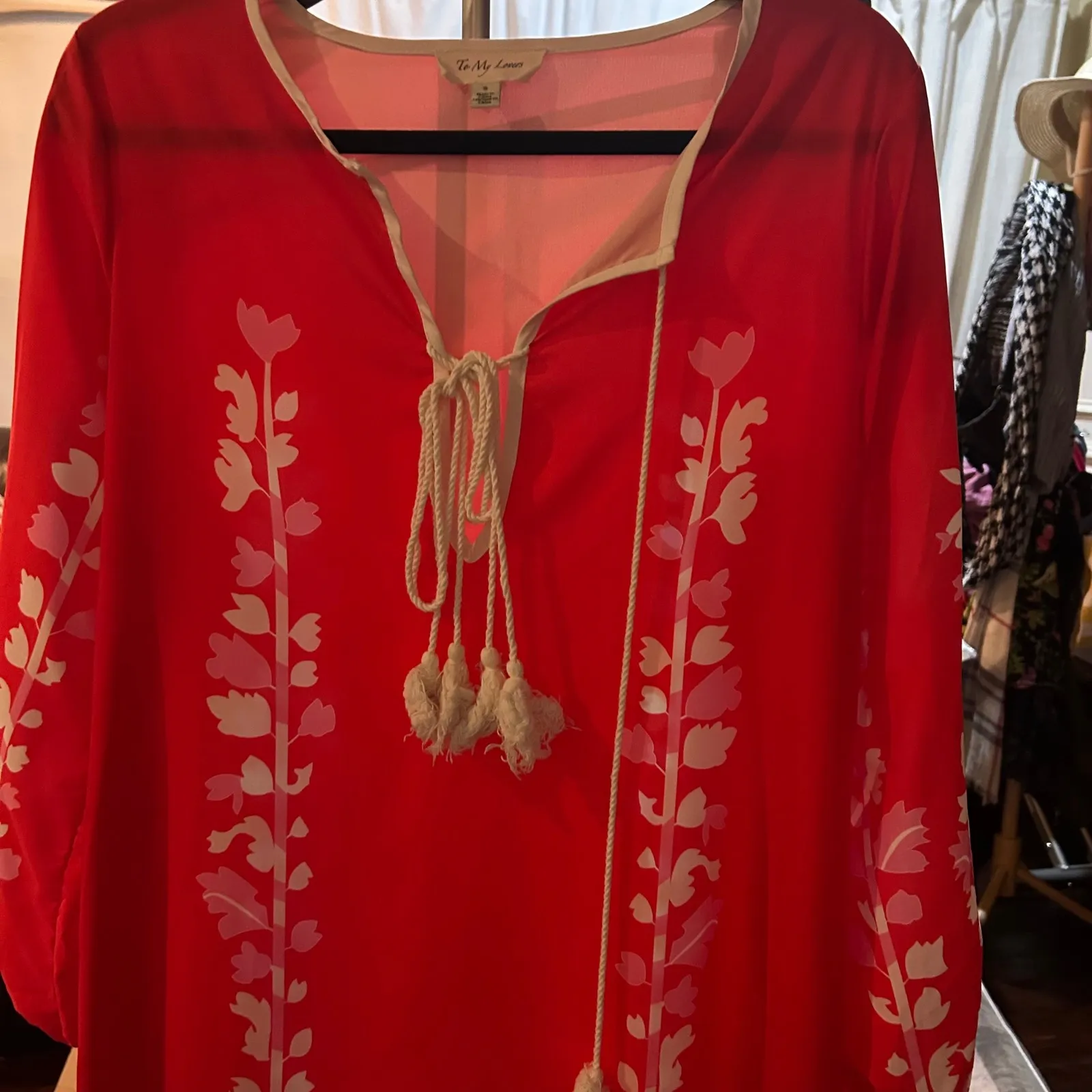 To My Lovers‎ Red Floral Print Tassel Tie Long Sleeve Dress Size S - Image 3