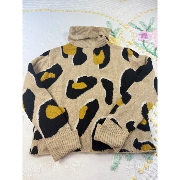 MOTH Turtleneck Sweater Animal Print‎ Yellow Black Beige Pullover S Tan - Image 3