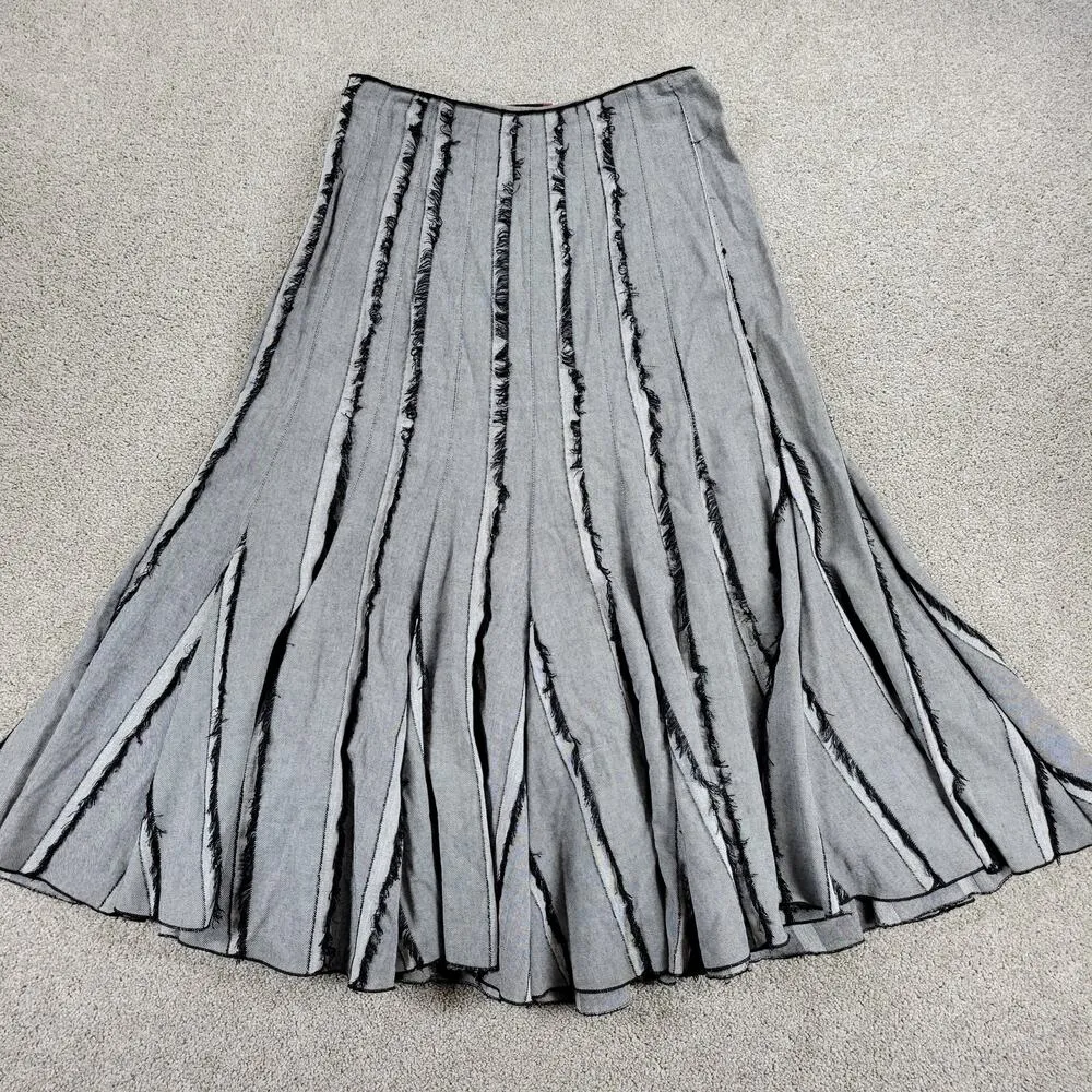 Maakif Womens Skirt 4 Gray Black Fringe Stripes Godet Fit & Flare Flowy Hem - Image 7