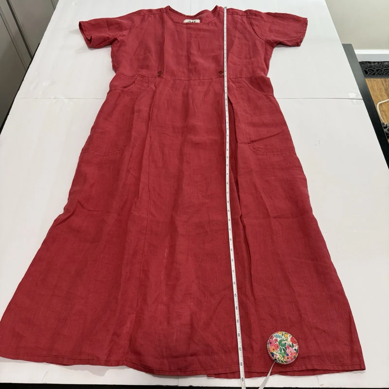 VTG Flax Engelhart Red 100% Linen Midi Dress Lagenlook Buttons Pockets SMALL - Image 7