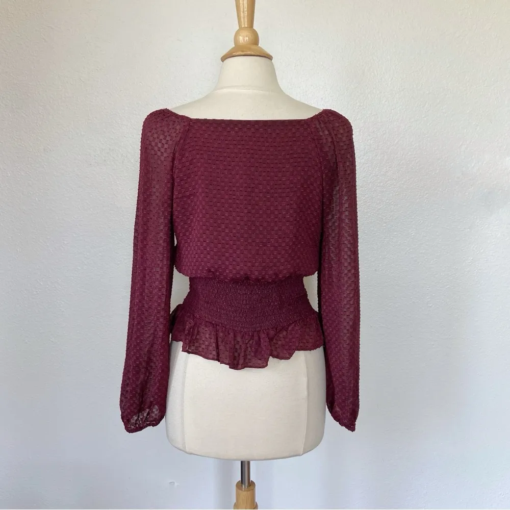 Maroon Textured Smocked Long Sleeve V-Neck Blouse - Image 9