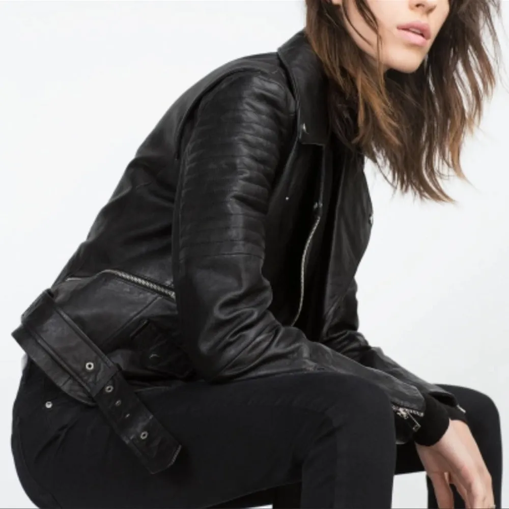 Zara Black Quilted Genuine Sheep Leather Cropped Moto Biker Blogger Jacket XS - Image 9