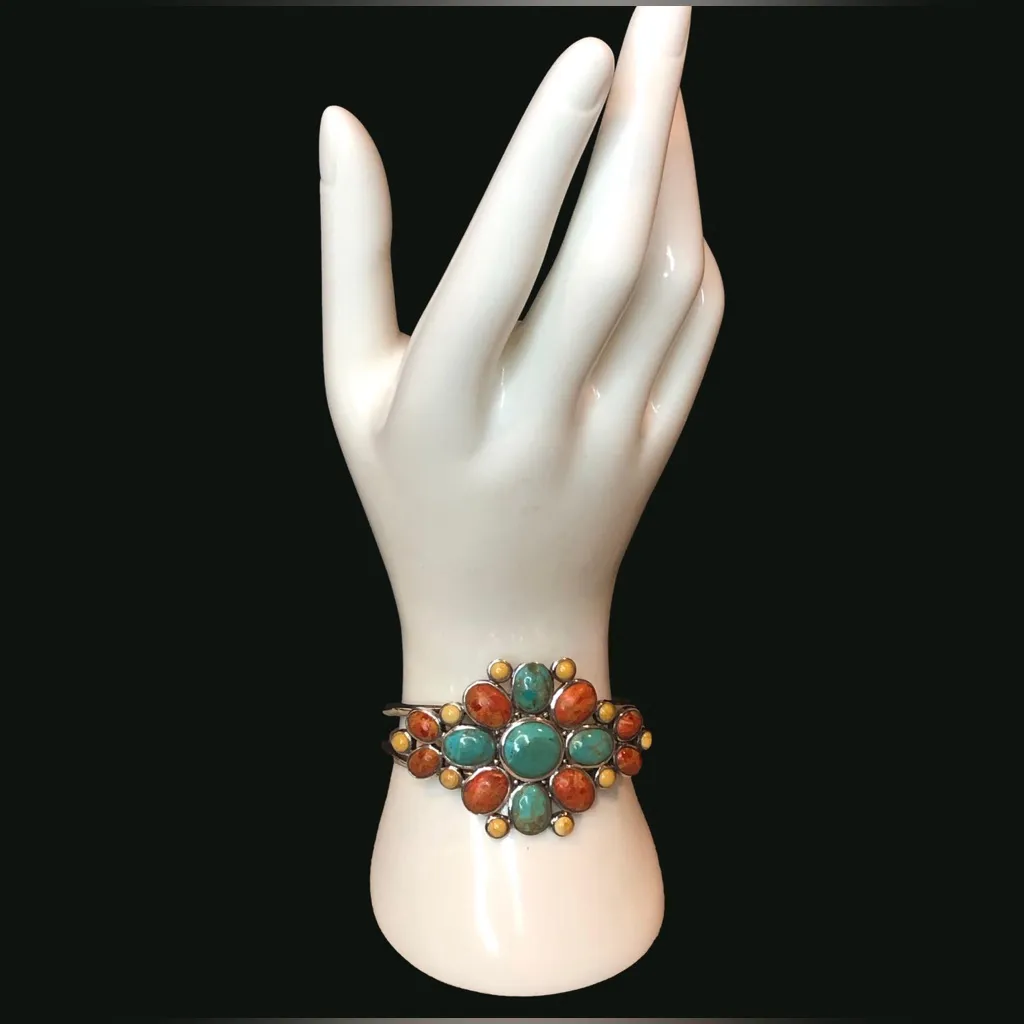 BARSE Sterling Silver Turquoise Spiny Oyster Coral Mosaic Inlay Cuff Bracelet Blue - Image 4