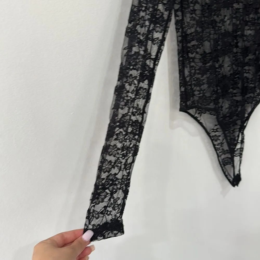 Ladies Long Sleeve Floral Lace Leotard Bodysuits Top Sz M Black Size M - Image 5