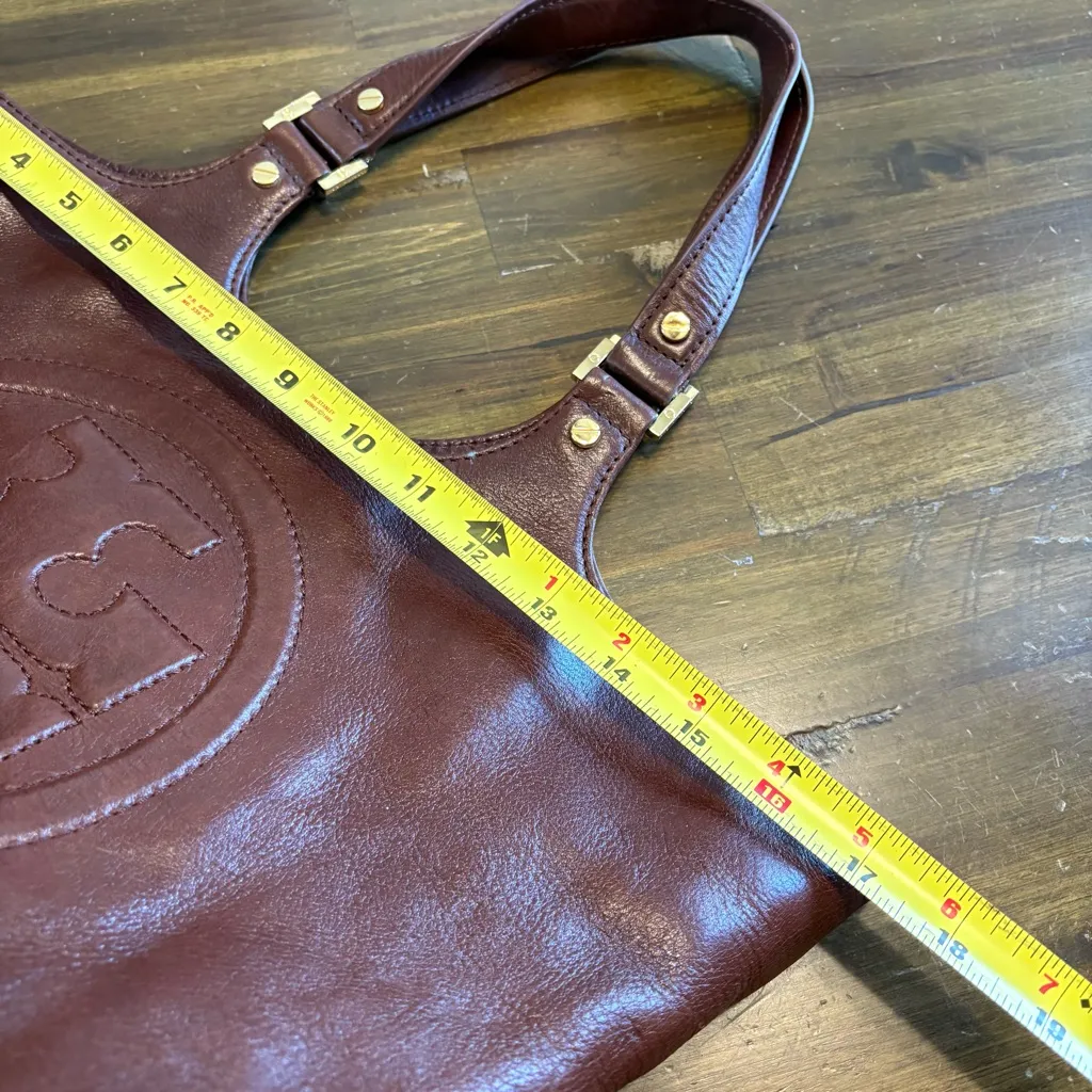 Tory Burch Bombe Large Logo Leather Tote Espresso Brown Chocolate Mocha Vintage - Image 9