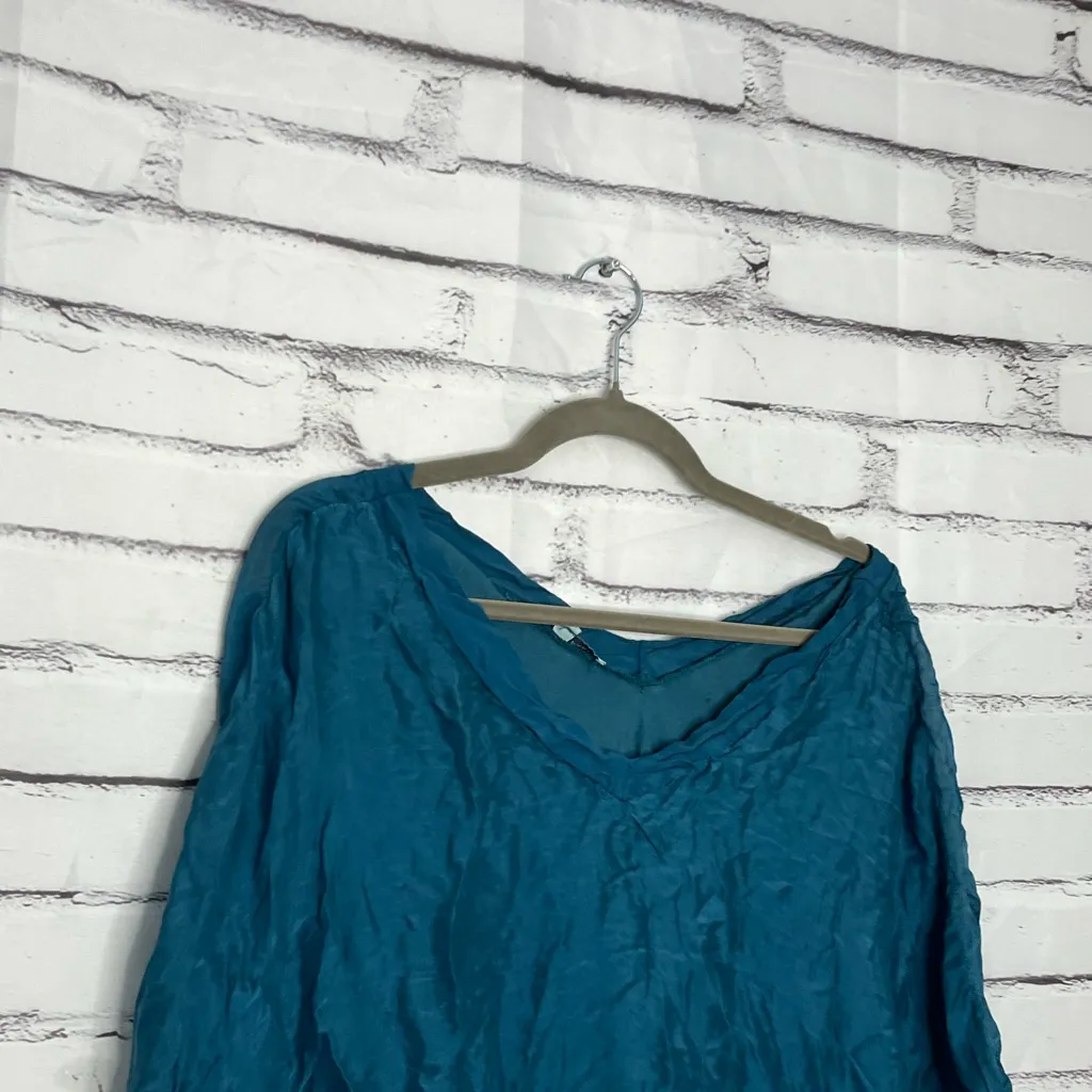 Tempo Paris Teal Crinkle V-Neck Tunic Top Women’s S Boho Oversized Asymmetrical - Image 3