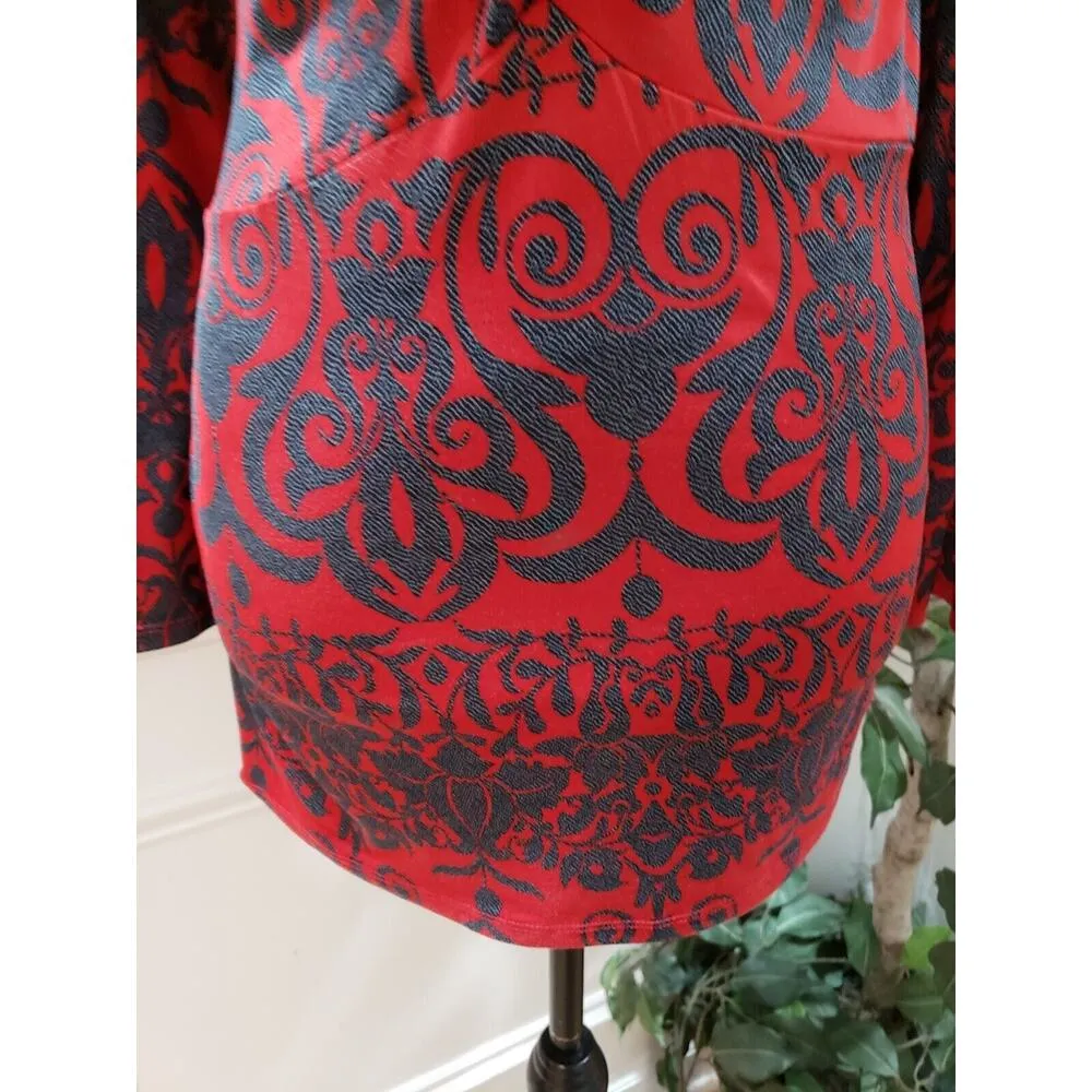 Jaclyn Smith Women's Red Floral Knot Hem V Neck Long Sleeve Top Blouse Large - Image 5