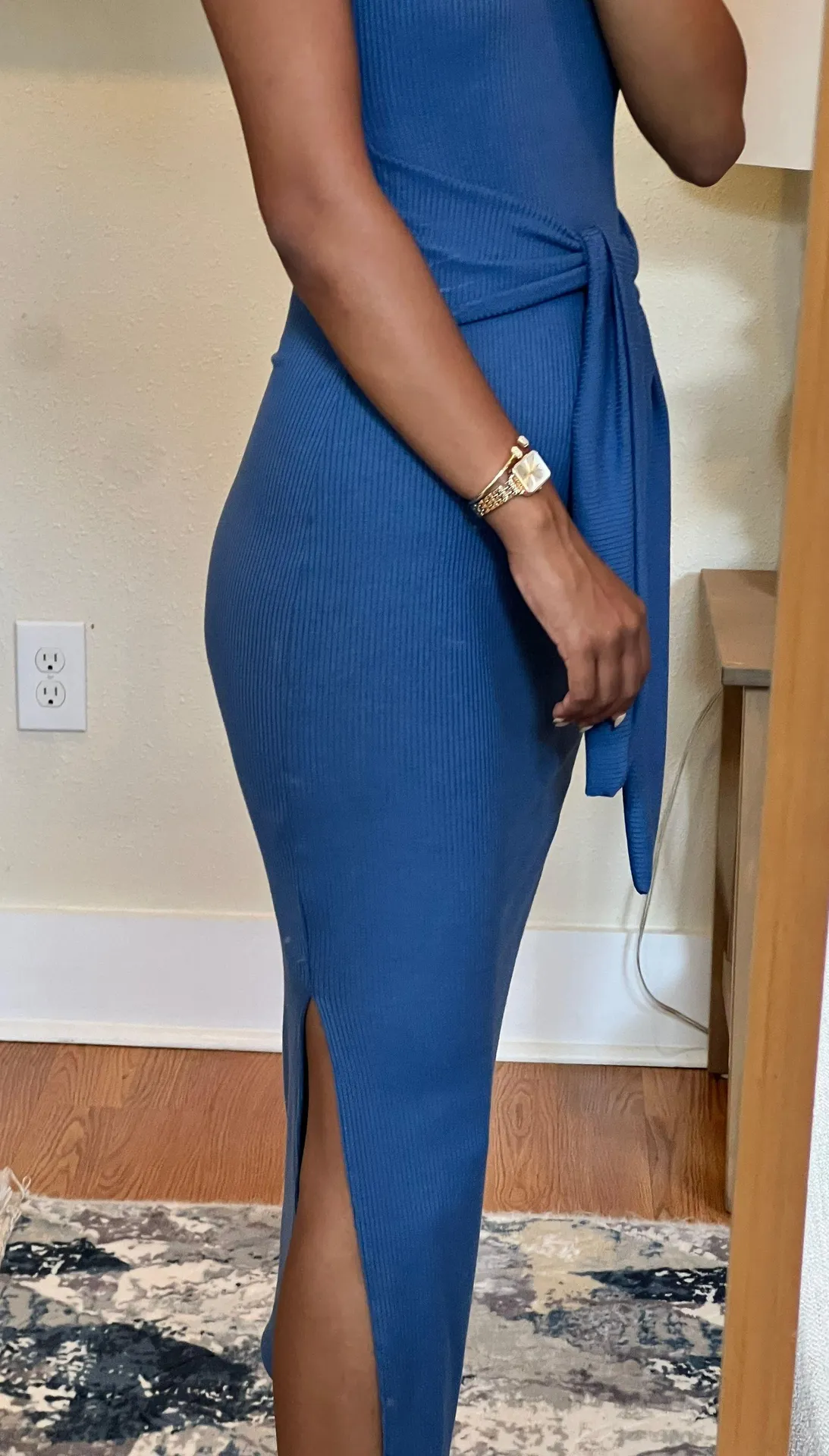 Blue Ribbed Tie front Midi Dress - Image 3