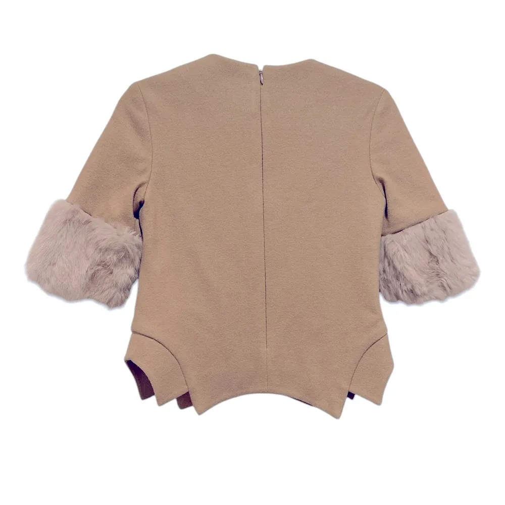 MIGNON DOO DESIGNER WOOL CROPPED RABBIT FUR CAMEL TAN CUFF TOP XS - Image 3