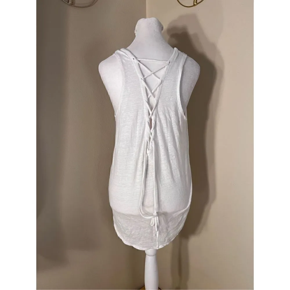Chaser White Distressed Burnout Fabric Lace Up Back Tank Top Medium - Image 2