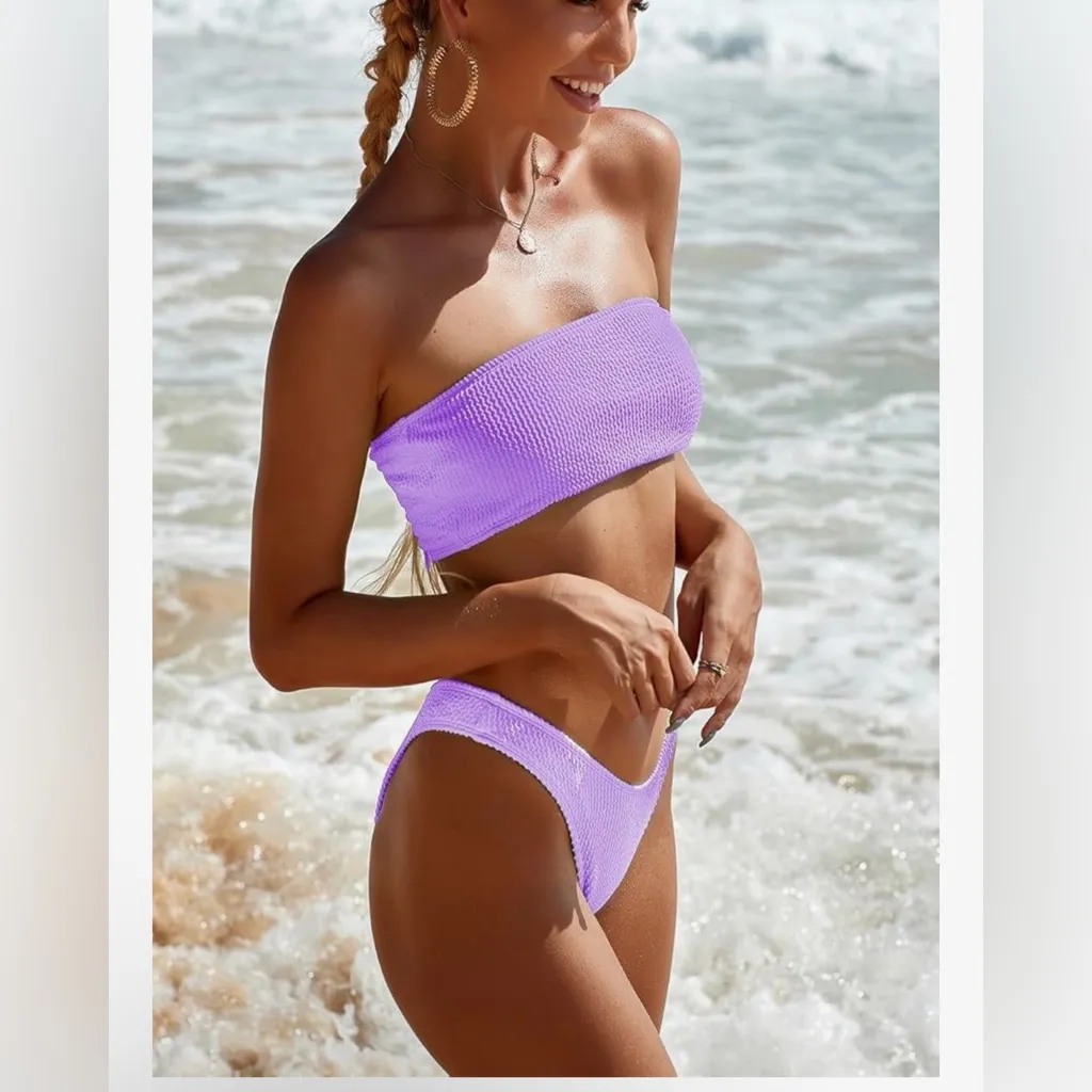 NEW Two Piece Bandeau Swimsuit Cheeky Bottom
Ribbed Strapless tube Bikini Top S Purple - Image 5