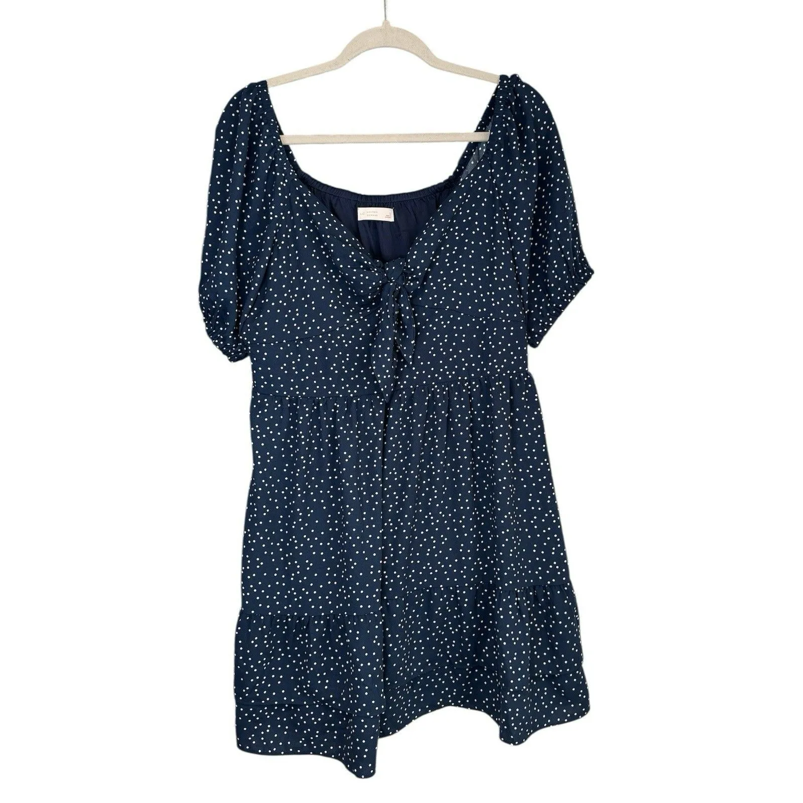 LC Lauren Conrad Dress Size L Blue Polkadot Tie Front V-Neck Short Sleeve NWT - Image 3